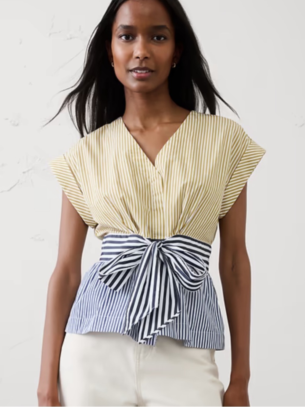 Banana Republic Yellow and Navy Striped Peplum Tunic Sz 8